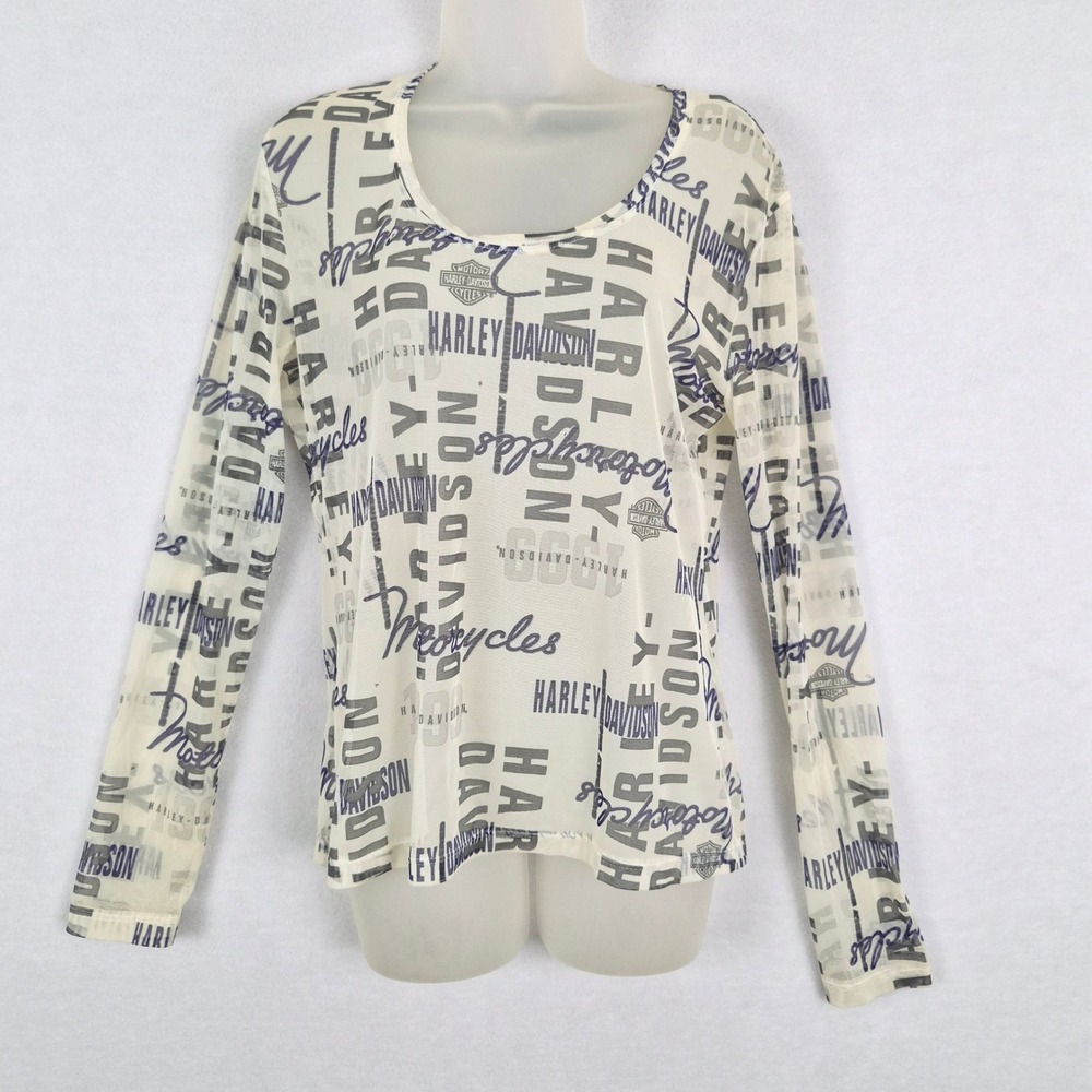 Harley Davidson Sz XL Sheer Mesh Long Sleeve Typographic Print Top Cream Biker
